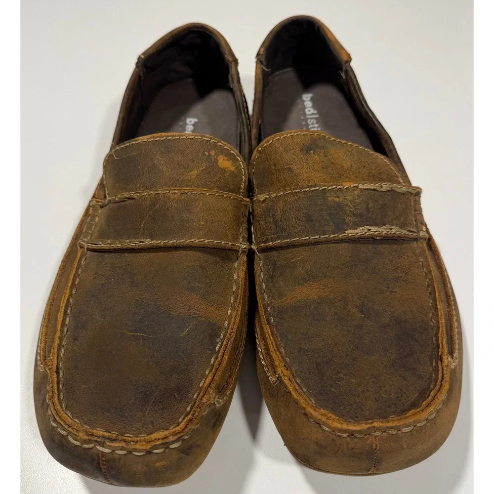 Bed Stu Mens Distressed Brown Leather Driving Loafers Penny Slip On Shoes 10.5
